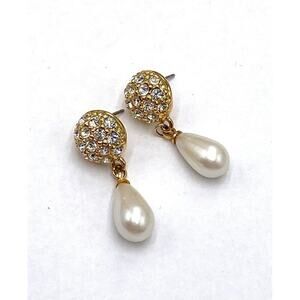 Vintage Earrings Dangles Drops Faux Pearl Drops Rhinestone Unmarked